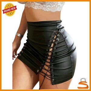 High Waist Leather Mini Skirt Lace Up Side Bodycon Night Out